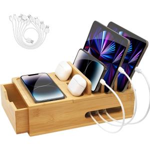 Bamboo Charging Station for Multiple Devices, Desktop Wood Charger Organizer with Drawer & Tray -Included 6 Cables, Compatible with Multi Devices, Cell Phone, Tablet, Earphones (No USB Charger)