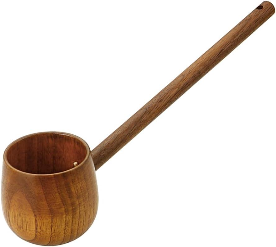 Kichvoe Hishaku Wood Water Ladle - Dipper Bath Ladle Scoop Long Handle - Deep Serving Spoons Soup Spoon for Sauna Garden Tea Ceremony Japanese Style, 11.8inch