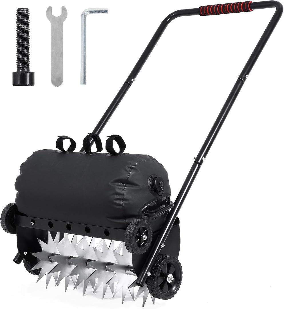 Push Spike Aerator, Heavy Duty Lawn Aerator with 4 Wheels, Rolling Manual Yard Tool with Weight Tray and Steel Handle for Compacted Soil, Garden and Grass Maintenance (22.5-Inch)