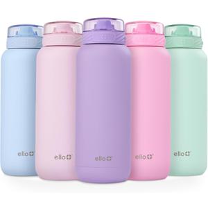 Ello Cooper 40oz Stainless Steel Water Bottle with Straw and Carry Handle, Double Walled and Vacuum Insulated Metal, Leak Proof Locking Lid with Soft Silicone Spout, Reusable, BPA Free, Lilac