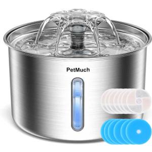 Cat Water Fountain Stainless Steel, 102oz/3L Automatic Pet Water Fountain with 6 Replacement Filters & 6 Pre-Filter Sponges for Cats, Dogs (Cat Fountain + 6 Filters + 6 Sponges)
