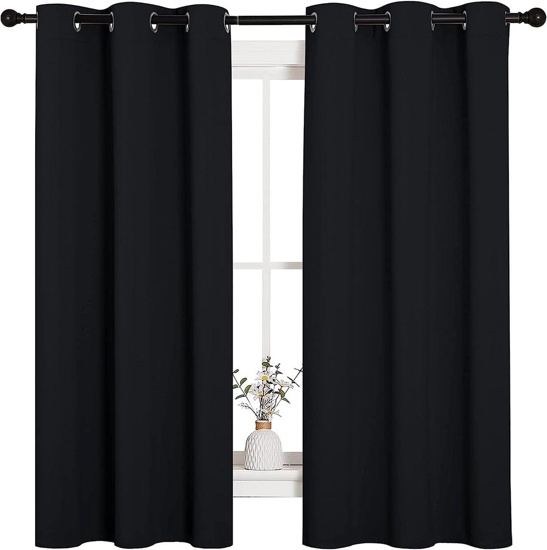 NICETOWN Halloween Pitch Black Solid Thermal Insulated Grommet Blackout Curtains/Drapes for Bedroom Window (2 Panels, 42 inches Wide by 63 inches Long, Black)