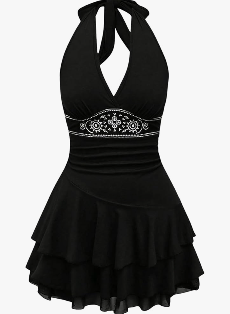 SOLY HUX Women's Summer Halter Backless Mini Dress Flowy Sleeveless V Neck Tie Back A Line Western Casual Sun Dresses, Size M