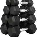 Fitvids Rubber Encased Hex Dumbbell Weight Set and Storage Rack, 5-20LB Pairs