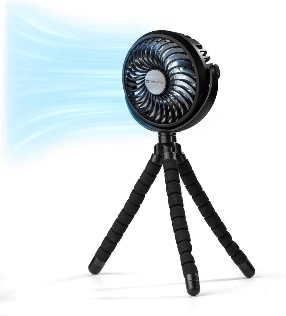 Comfort Zone Portable Stroller Fan, 3 Speed Rechargeable Battery Clip on Fan, 360 Degree Flexible Tripod Cooling Fan, Secure Hold, Ideal for Strollers, Car Seats, Cribs, or Treadmills, Black