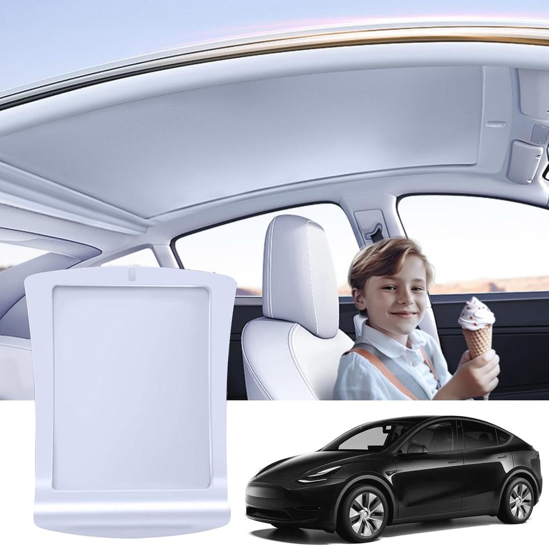 Electric Sunshade Roof for Tesla Model Y, Retractable Sunshade Roof Heat Insulation Glass Roof for Tesla Model Y 2019~2024, 5 Layer 99.9% UV Protection, Interior Gray Hidden Wires