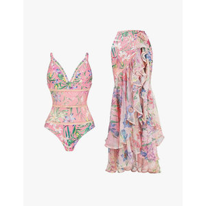 Women's One Piece Swimsuit Floral Print Tummy Control V Neck Bathing Suit with Cover Up Slimming Swimwear Summer Beachwear Small