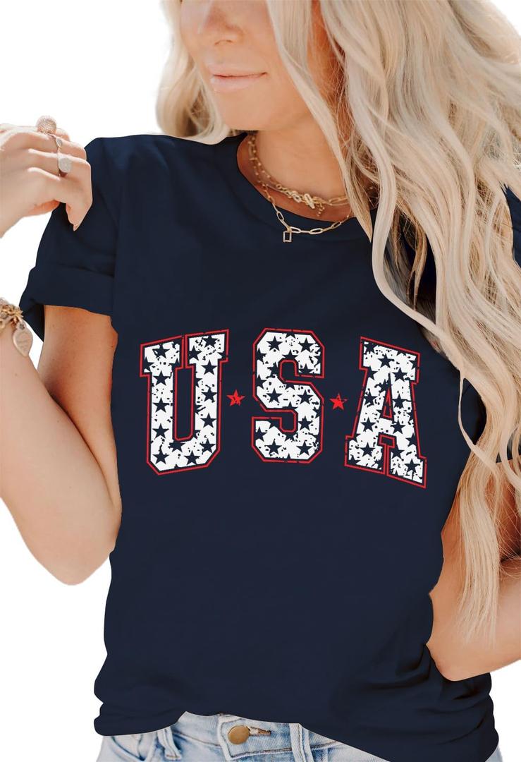 Dressmine Women's Short Sleeve American Flag Shirt Round Neck USA Shirts Summer Fourth July Graphic Tee Patriotic T Shirt (XXL)