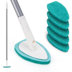 Shower Scrubber with Long Handle, 47'' Bathtub Scrub Brush, Bathroom Tub and Tile Cleaning Tool with 4 Refill Pads