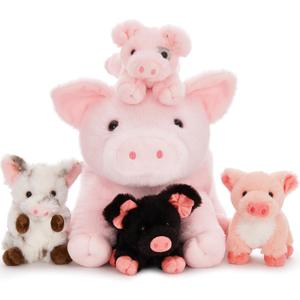 5Pcs Pig Stuffed Animal, 16 Inch Mommy Pig Plush with 4 Soft Cuddly Baby Piggy Plushies in Mother Pig's Belly, Kawaii Chirstmas Birthday Gift for Girls Boys Kids, Baby Shower Decor