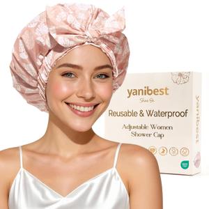 Yanibest Shower Cap for Women Reusable Waterproof, Adjustable Non-Slip Shower Hair Cap, Washable Bath Hat for Long Hair (Pink)