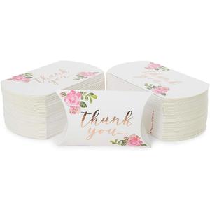 Sparkle and Bash 100pcs Floral Pillow Boxes, 5" x 3.5" Thank You Treat Box for Wedding Party Favors, Candy, Small Gifts (['Rose Gold'])