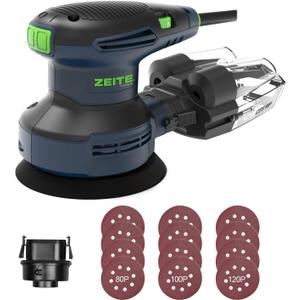 ZEITE Random Orbital Sander Tool, Electric Palm Sander, 3.0 Amp Wood Sanding Machine, Variable Speed 5000-12000 OPM, Cyclonic Dust Box, Vacuum Adapter, 12Pcs 5" Sandpapers for Sanding and Polishing (Dark Blue)
