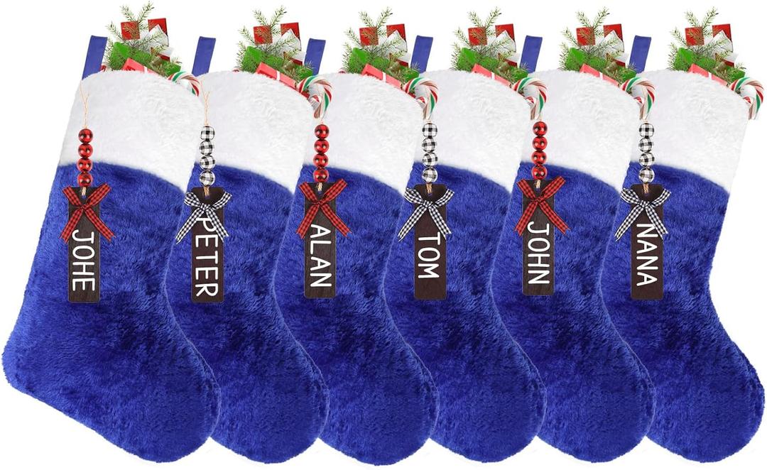 CCINEE 6PCS Blue Christmas Stockings with Wooden Name Tags,18 Inch Large Plush Personalized Xmas Hanging Stocking with Plush Cuff for Christmas Tree Wall Fireplace Home Decoration