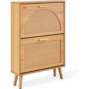 VEVOR Shoe Cabinet with 2 Flip Drawers, Shoe Storage Cabinet for Entryway, Free Standing Shoe Storage Organizer with Rattan Doors for Heels, Boots, Slippers in Hallway, Living Room