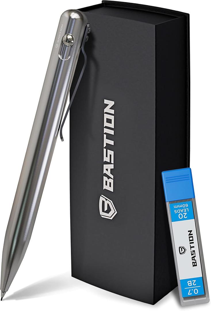 BASTION Luxury Mechanical Pencil, Professional Medium Point Pencil for Birthday Gift includes 20 x 0.77mm Lead Refills - Stainless Steel