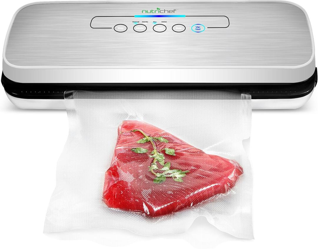 NutriChef Vacuum Sealer Machine  Compact Silver Vacuum Sealing System with Dry & Moist Modes, LED Indicators, Starter Kit & Extra Bags  Ideal for Food Preservation, Meal Prep & Sous Vide Cooking (6.1 x 14.2 x 3 inches, Black/Silver/White)