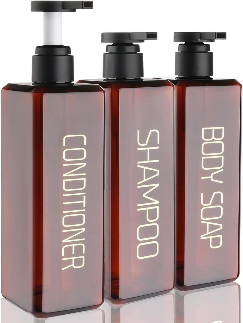 Shampoo and Conditioner Dispenser Shower Soap Bottles 3 Pack 550ml/18.6oz Refillable Shampoo Pump Bottle Dispenser Plastic Empty Body Wash Dispensers with Stylish Permanent Labels for Bathroom (Brown)