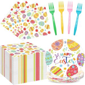 Amyhill 160 Pcs 40 Guest Happy Easter Party Supplies Easter Paper Plates and Napkins Forks Disposable Easter Dinnerware for Spring Picnic Bunny Party, 40 Easter Plates, 80 Napkins, 40 Forks(Egg)