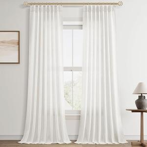 Beige White Pinch Pleated Linen Curtains 90 Inch Length 2 Panels for Living Room Bedroom Semi Sheer Window Curtain Boho Neutral Back Tab Pinch Pleat Drape with Hooks 40x90