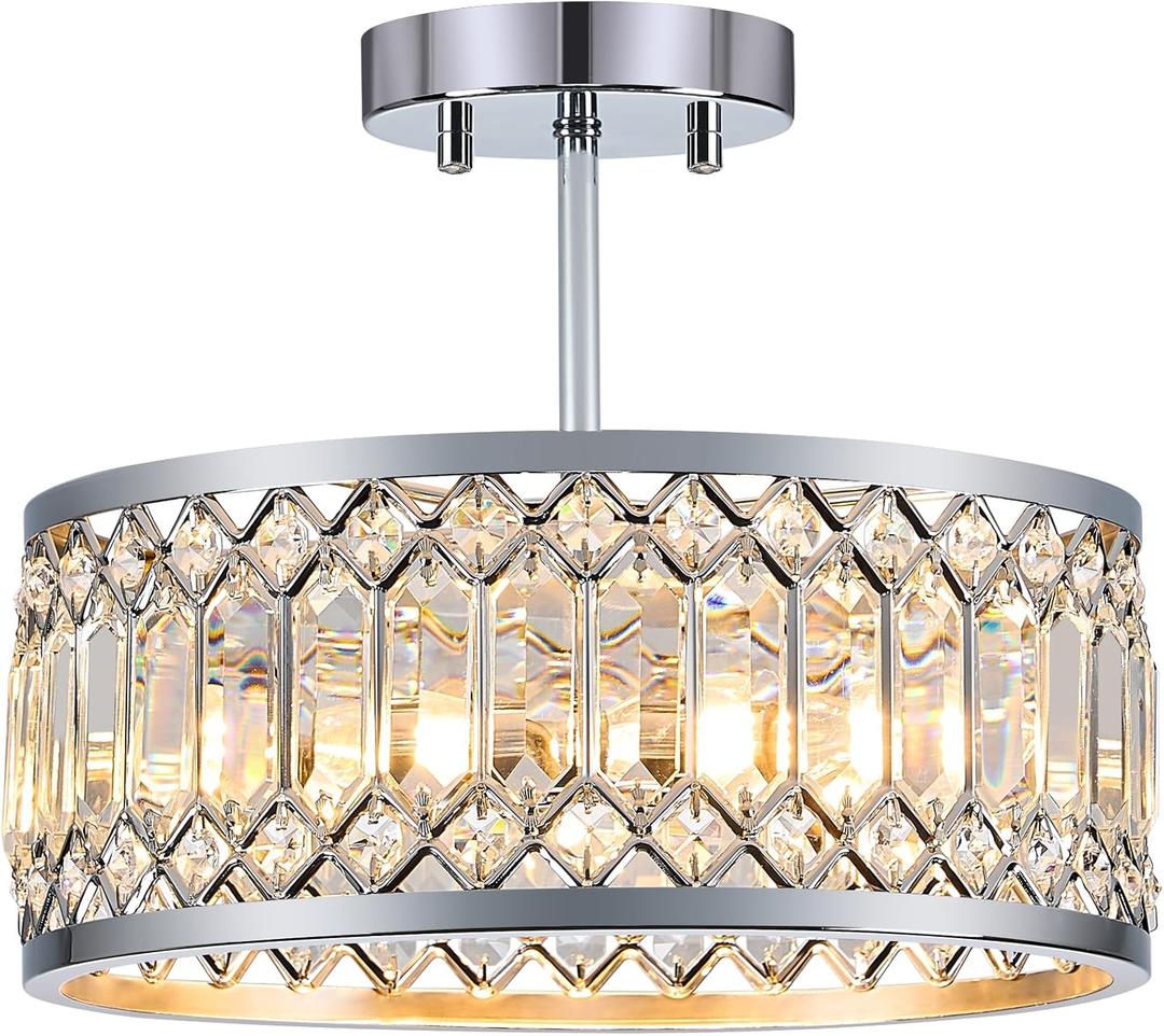 Crystal Ceiling Light Fixture, Modern Semi Flush Mount Ceiling Light, Chrome Lighting Ceiling Chandelier for Kitchen, Bedroom, Dining Room, Hallway, 3-Light, 12.2 Inch (12.2in)