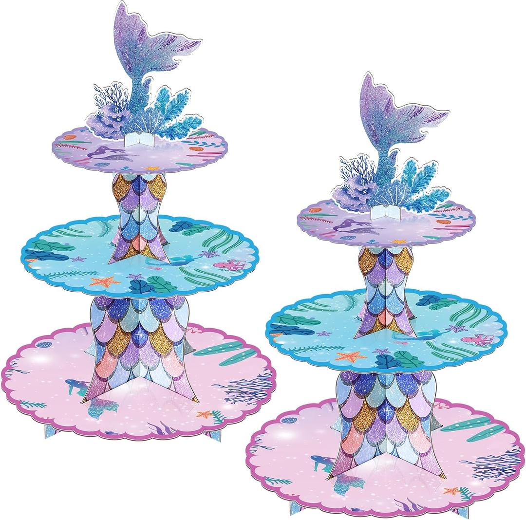 2 Pack Mermaid Cupcake Stand Birthday Party Decorations, Under The Sea Supplies Favors with Mermaid Tail Toppers for Little Girl, Baby Shower