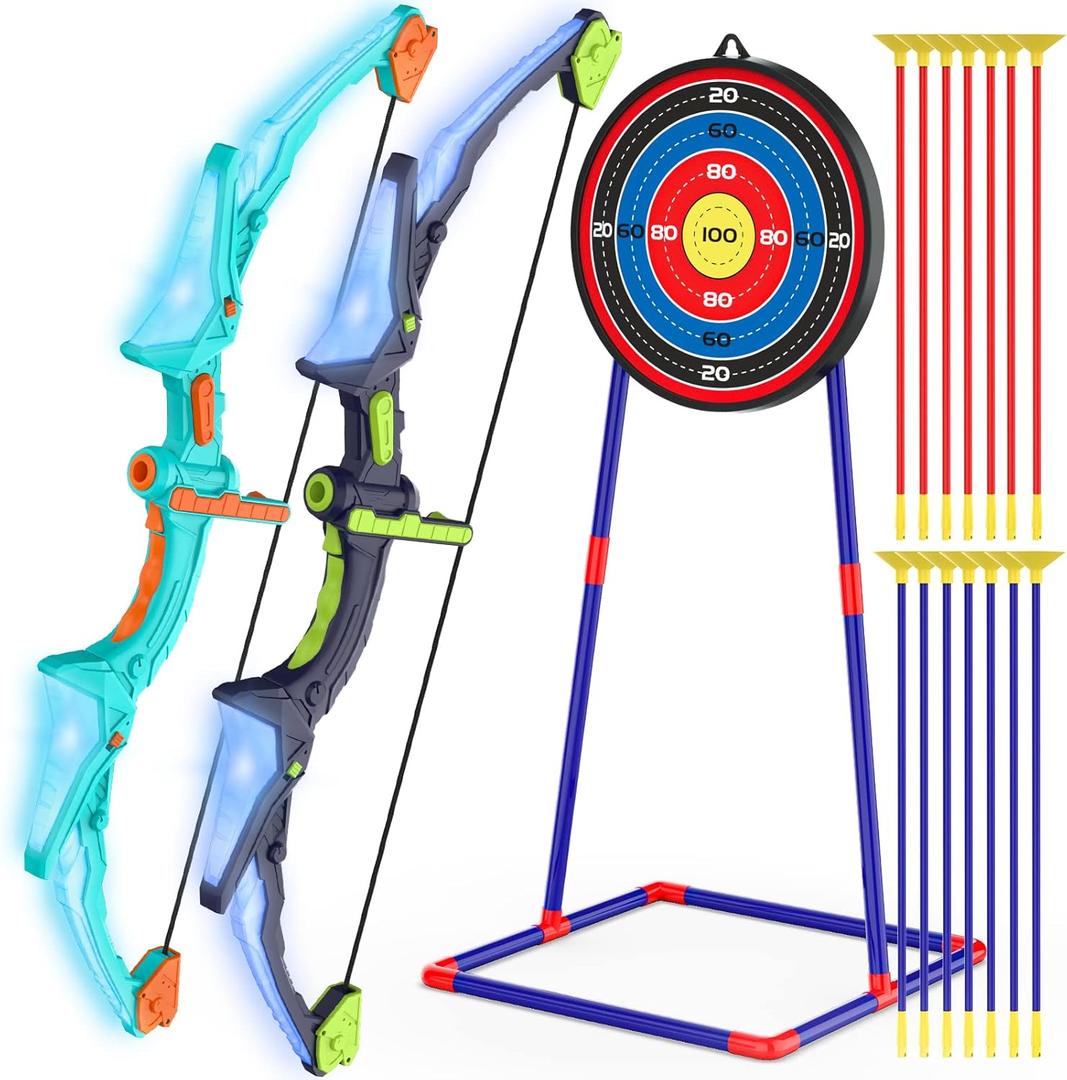 Kmuxilal 2 Pack Kids Bow and Arrow Set with LED Flash Lights, 14 Suction Cup Arrows and Fluorescence Standing Target-Perfect Indoor and Outdoor Game Archery Set Toy Gift for 4 5 6 7 8-12 Year Old Boys (Purple and Green)