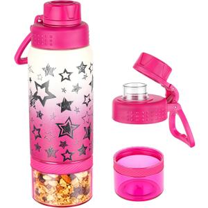 GOPPUS 18 oz Kids Insulated Water Bottle with Snack Container  BPA-Free Stainless Steel Sports Bottle, Keeps Drinks Cold for 24 Hours, Ideal for School, Travel & Activities (Pink star)
