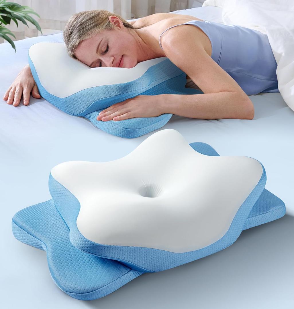 5X Pain Relief Cervical Neck Pillow for Neck Support, Ergonomic Cooling Side Sleeper Pillow for Sleeping, Odorless Contour Memory Foam Pillows, Bed Pillow for Side Back Stomach Sleeper (Queen, Light Blue)