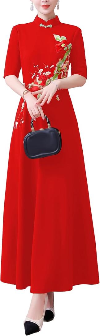 Women's New Chinese Cheongsam Print Short Sleeves Embroidery Pattern Elegant Maxi Dress (6, Red)
