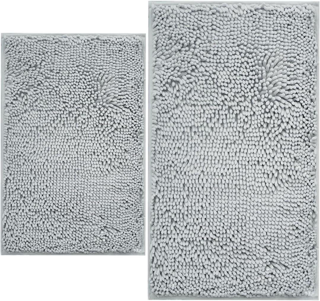 BOANKODU Bathroom Rugs Sets 2 Piece, Extra Soft Chenille Bath Mat Absorbent Bathroom Rug, Bathroom Mat with PVC Non-Slip Bottom, Machine Washable Bath Rugs (32x20 Inch + 24x16 Inch, Light Grey)