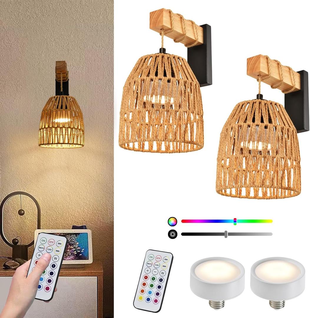 Battery Operated Wall Sconce Set of Two, Rattan Wall Sconces Battery Operated Set of 2, Boho Wall lights with Remote, Rechargeable Wall Sconce for Bedroom,Living Room, Entryway 15 Colors Dimmable