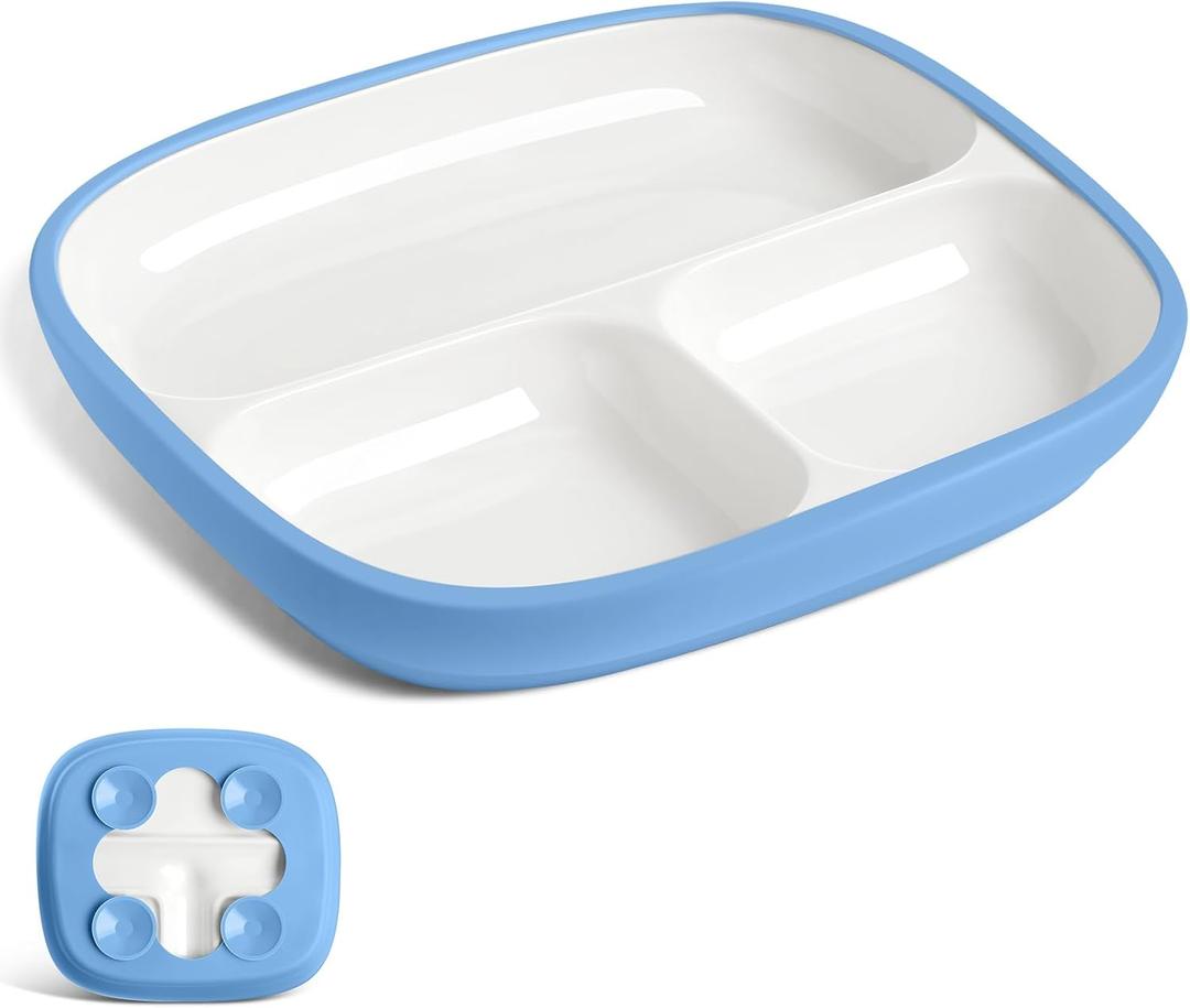 Domensi 1 Set Kids Porcelain Plates with Silicone Sleeves 8.2 Inch Divided Porcelain Plate Toddler White Suction Dishes for Baby Troubleless Eating Microwave Dishwasher Safe (Blue)