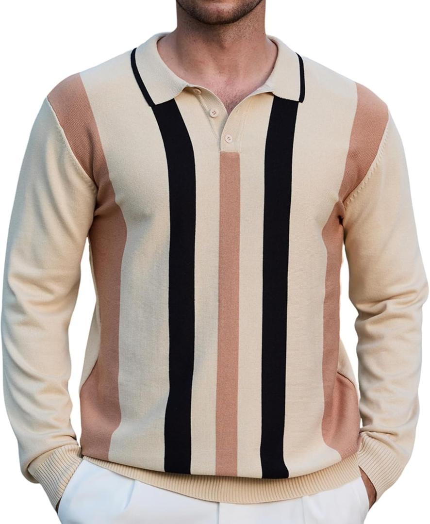 Ryehack Mens Casual Polo Shirts Knit Long Sleeve Vintage Striped Button T-Shirt Slim Fit Golf Vacation Shirt (L)