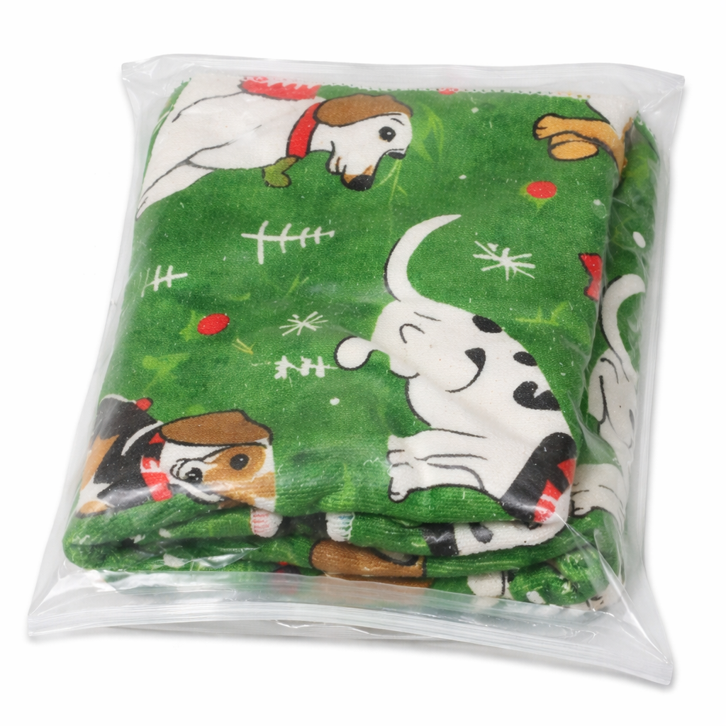 Festive green fabric featuring cute dogs in a holiday theme. Perfect as curtains, a throw blanket, or DIY holiday projects. Soft, lightweight, and machine washable.”