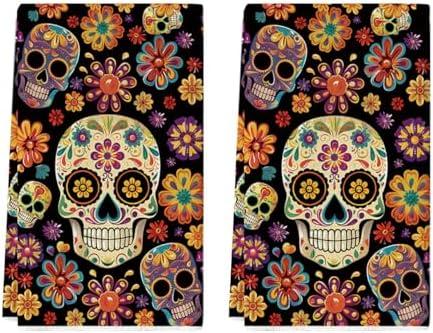 Artoid Mode Flower Sugar Skull Day of The Dead Kitchen Towels Dish Towels, 18x26 Inch Farmhouse Halloween Mexican Decor Hand Towels Set of 2