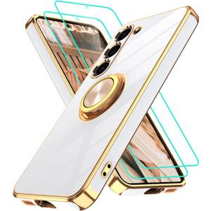 Gritup for Samsung Galaxy S23 Case: with 2Pcs Screen Protector, 360 Rotation Ring Holder Magnetic Kickstand, Plating Gold Edge Soft TPU Shockproof Protective Cover for Galaxy S23, White