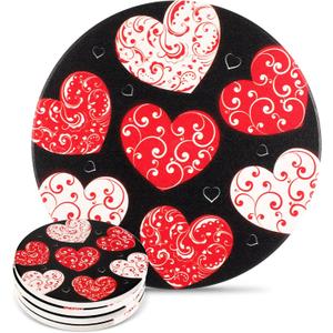 4 Pieces Valentine's Day Coasters Love Absorbent Ceramic Round Quick Drying Coaster with Cork Base Red Heart Romantic Beer Coasters for Drinks Coffee Mug Glass Cup Mat Tabletop Protection