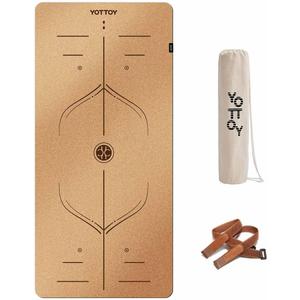 YOTTOY Yoga Mat,Non-Slip Hot Yoga Mat with Anti-Tear Design and Friendly Natural Rubber Mat with Strap and Bag (Cork Alignment Marks)