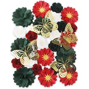 MotiMind 39 Pcs Graduation Cap Decorations Kit Including 25 Rose Heads Paper Flowers 12 3D Gold Butterfly Stickers 1 Self Adhesive Pearl 1 Rhinestones Stickers for DIY Graduation Cap(Red and Green)