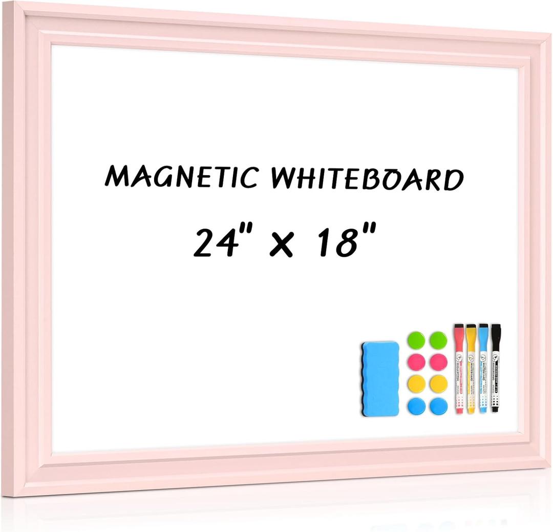 White Board for Wall, 24'' x 18'' Magnetic Dry Erase Board, Pink | Wooden Frame, Decorative Whiteboard, Wall Mounted, for Home, Office, Kitchen, Dorm, 4 Markers, 6 Magnets, A Eraser