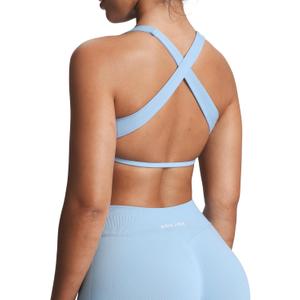 Aoxjox Women's Workout Sports Bras Square Neck Emma Cross Back Fitness Training Gym Bra Yoga Crop Tank (Airy Blue, XS)