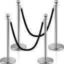 Ferraycle 4 Pcs Crowd Control Stanchions and Velvet Ropes 5 ft Poles Silver Crowd Control Barriers Black Ropes Stainless Steel Stanchions Post for Party Supplies