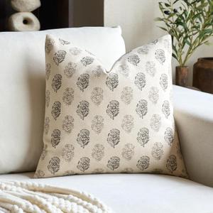 Floral Vintage Throw Pillow Covers 18x18 Pillow Cover Block Print Decorative Cushion Covers Farmhouse Neutral Accent Home Dcor for Sofa Couch Living Room Bedroom, 1PC, Light Taupe