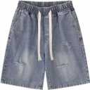 POHADON Y2K Blue Denim Shorts Summer Casual Loose Straight Leg Unisex Baggy Jeans Shorts Jorts Grunge Harajuku Streetwear (Small)
