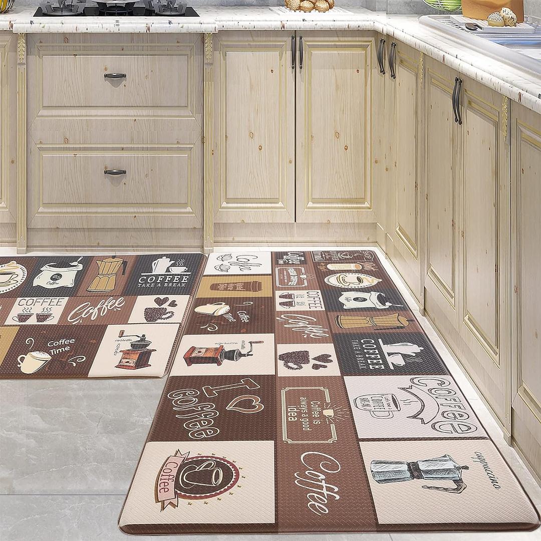 Coffee Kitchen Mats Sets 2 Piece Cushioned Anti Fatigue Kitchen Rugs,Farmhouse Kitchen Rugs Waterproof Non-Slip Comfort Mat for Kitchen, Home, Office, Laundry (Light Coffee)