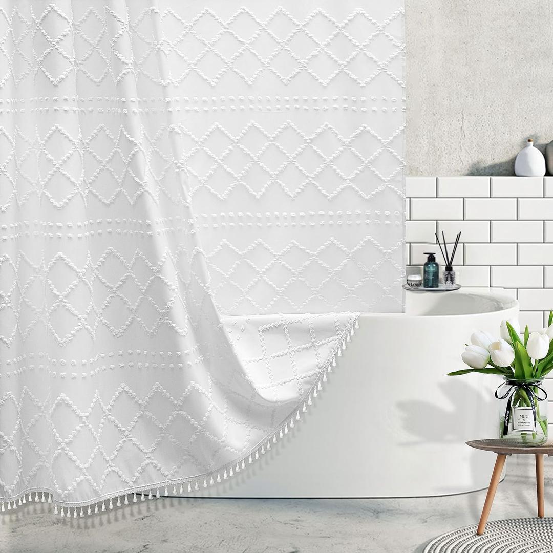 White Boho Shower Curtain Fabric Shower Curtains with Tassel 72 x 72 Modern Textured Shower Curtain Farmhouse Minimalist, Tufted Chevron Striped Shabby Chic, Water Resistant Cloth Curtain for Bathroom