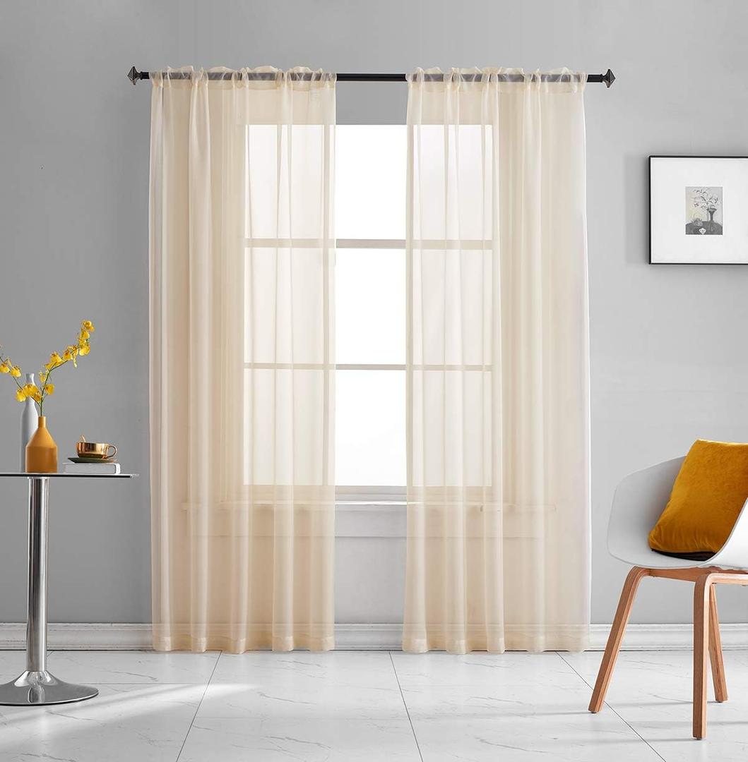 Beige Sheer Curtains 95 Inches Long Panels Rod Pocket 2 Panels Translucent Solid Color Voile Beige Drapes for Bedroom Living Room 2 Panels 52x95