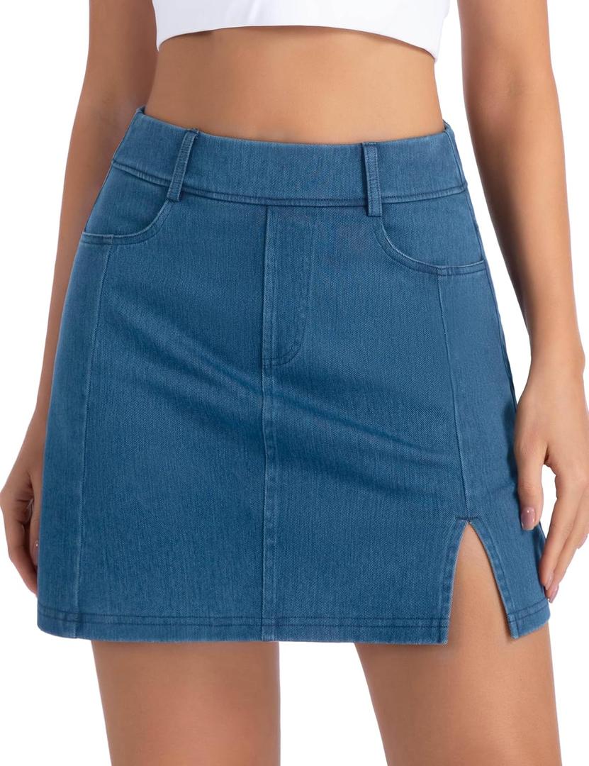 THE GYM PEOPLE Women's Stretchy Jean Skorts Slim Fit Side Split Casual Denim Skirts with Pockets (Blue), S