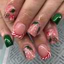 24Pcs Christmas Short Press on Nails Stripe French Tip Fake Nails Holly Green Crutch False Nails Xmas Gingerbread Man Winter Stick on Nails Christmas Glue on Nail for Women Holiday Manicure Kit